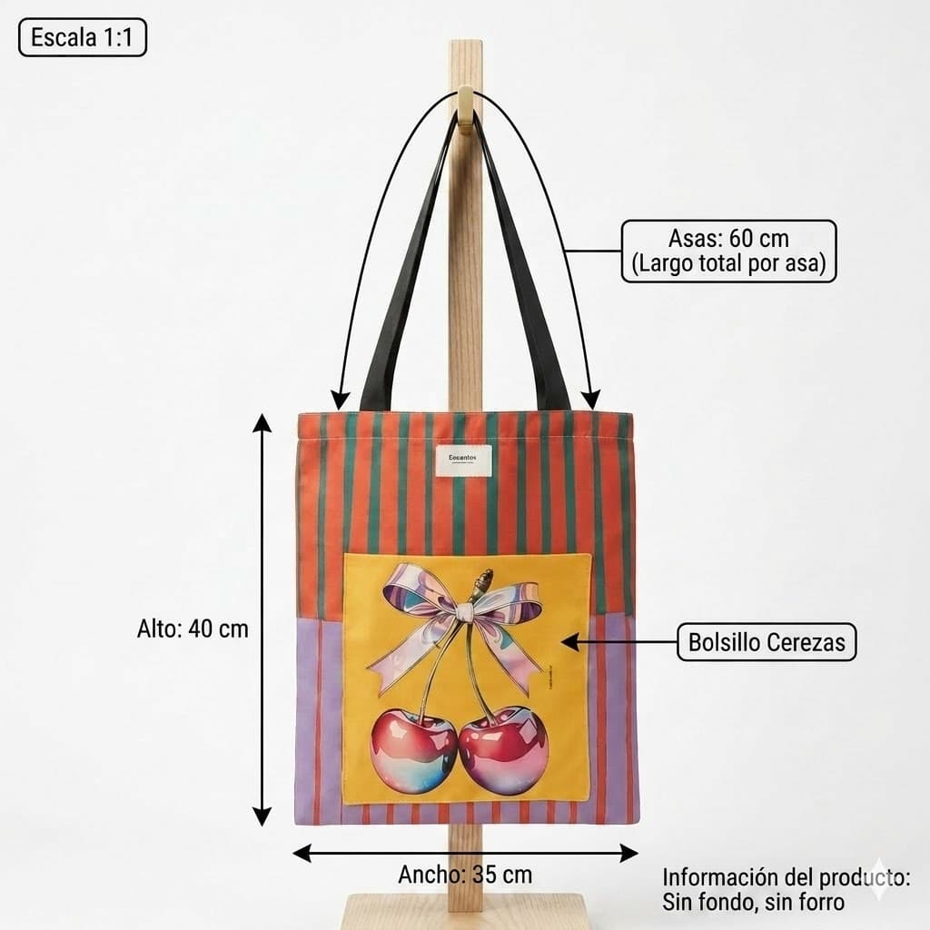 Tote bag artesanal cerezas lazo rayas naranja lila Encantos . Medidas