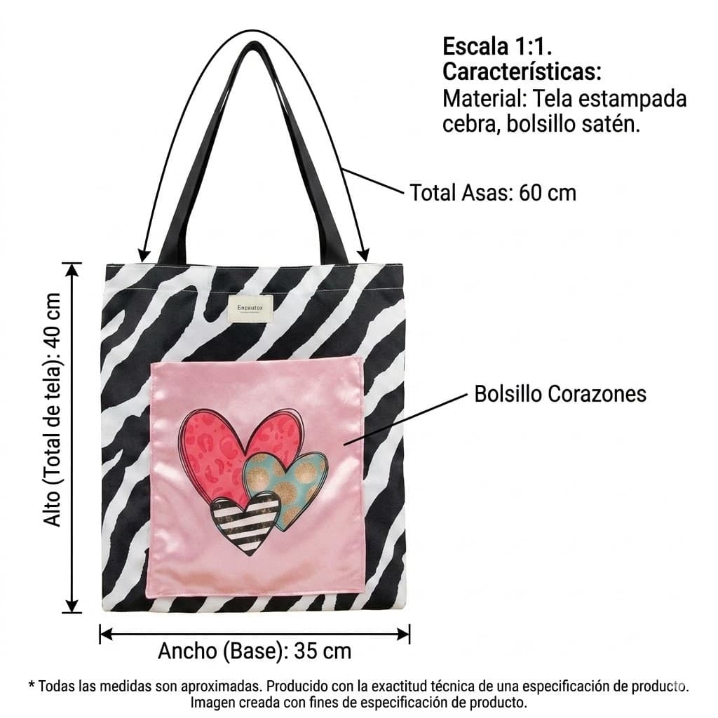 Tote bag artesanal cebra corazones satén rosa Encantos. Medidas