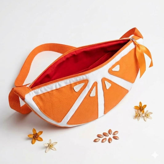 Bolso Media Luna Naranja Gajos Artesanal Encantos - interior forro rojo abierto con flores