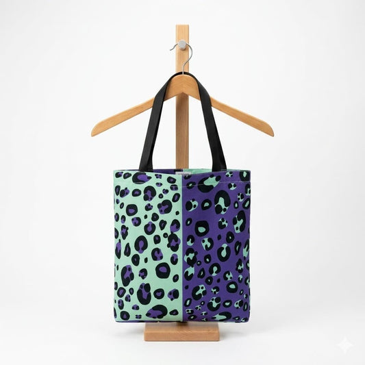 Tote bag artesanal leopardo menta lila cerezas lazo Encantos. Trasera