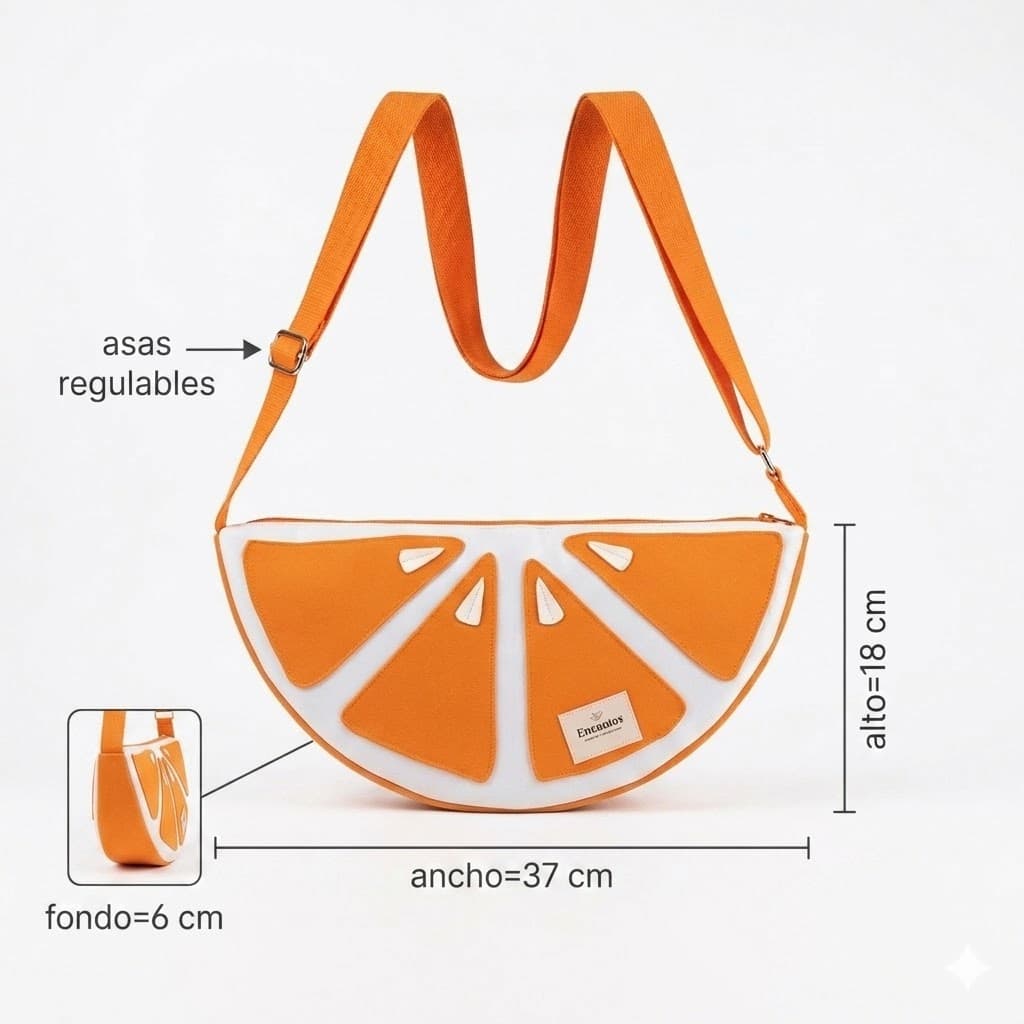 Bolso Media Luna Naranja Gajos Artesanal Encantos - medidas 37x18x6 cm asas regulables