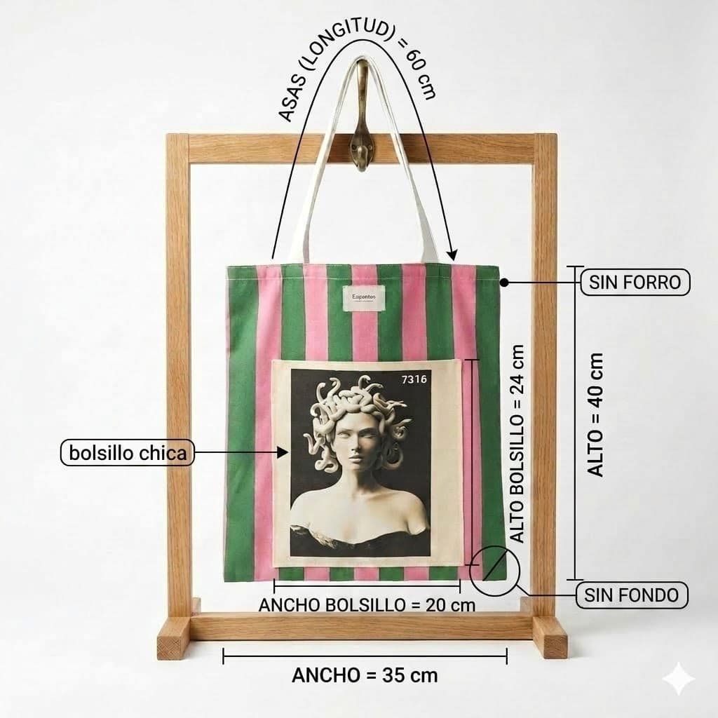 Tote bag artesanal medusa rayas verde rosa Encantos. Medidas