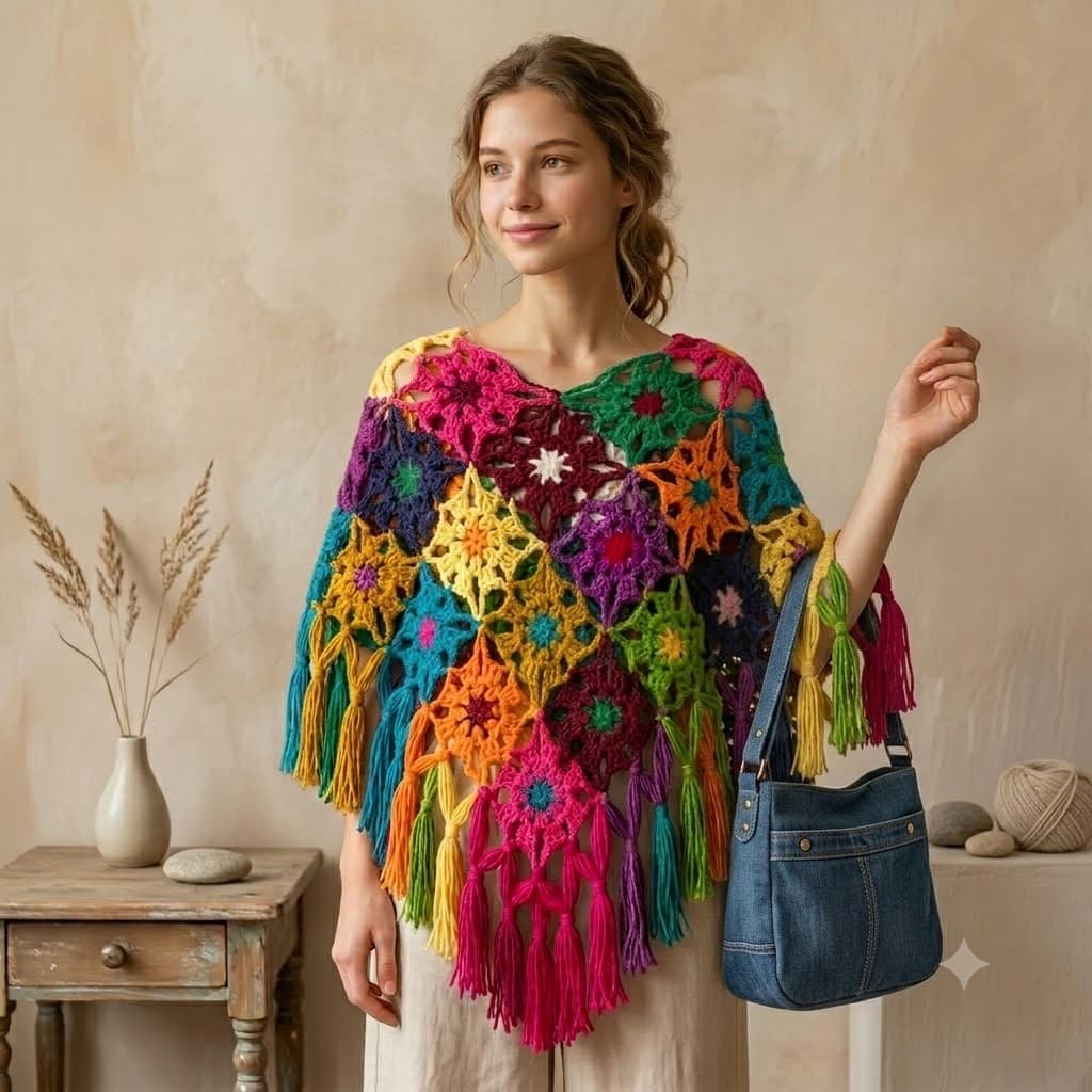 Modelo con poncho crochet multicolor granny square y bolso azul en interior
