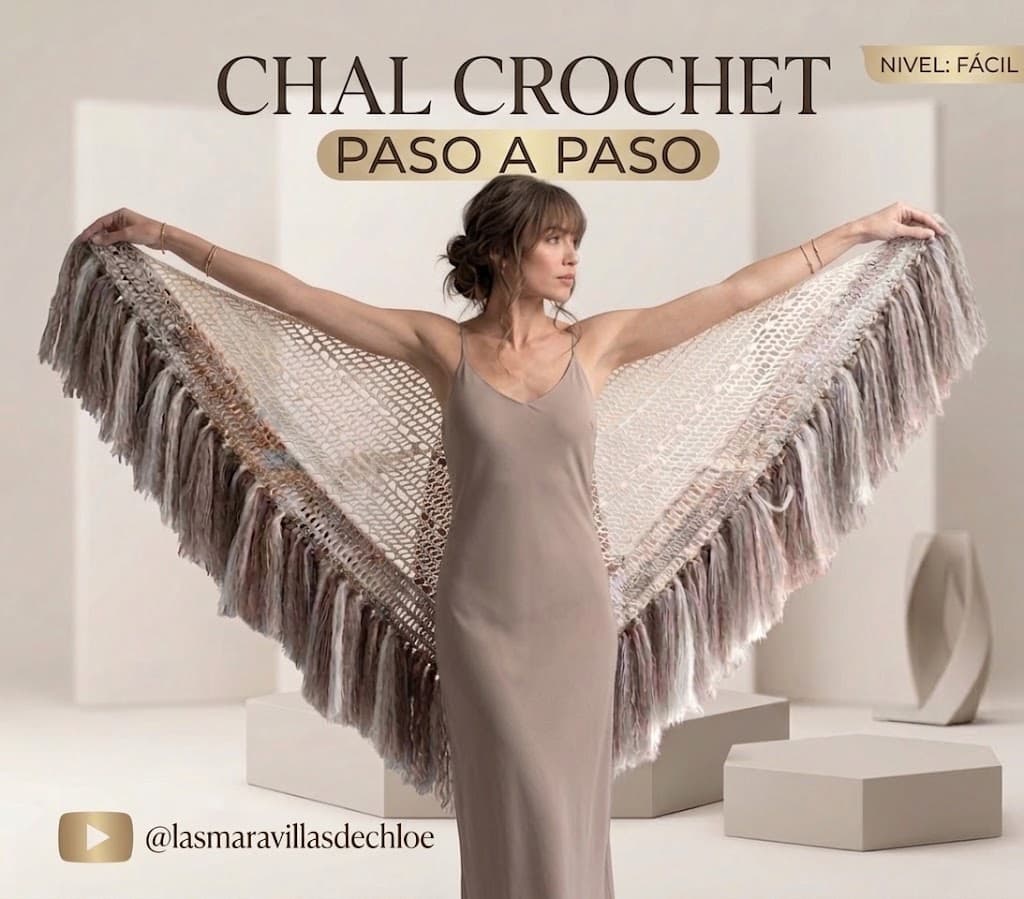 Chal triangular crochet con flecos de angora puesto sobre modelo, vista lateral, combinado con top beige y pantalón marrón