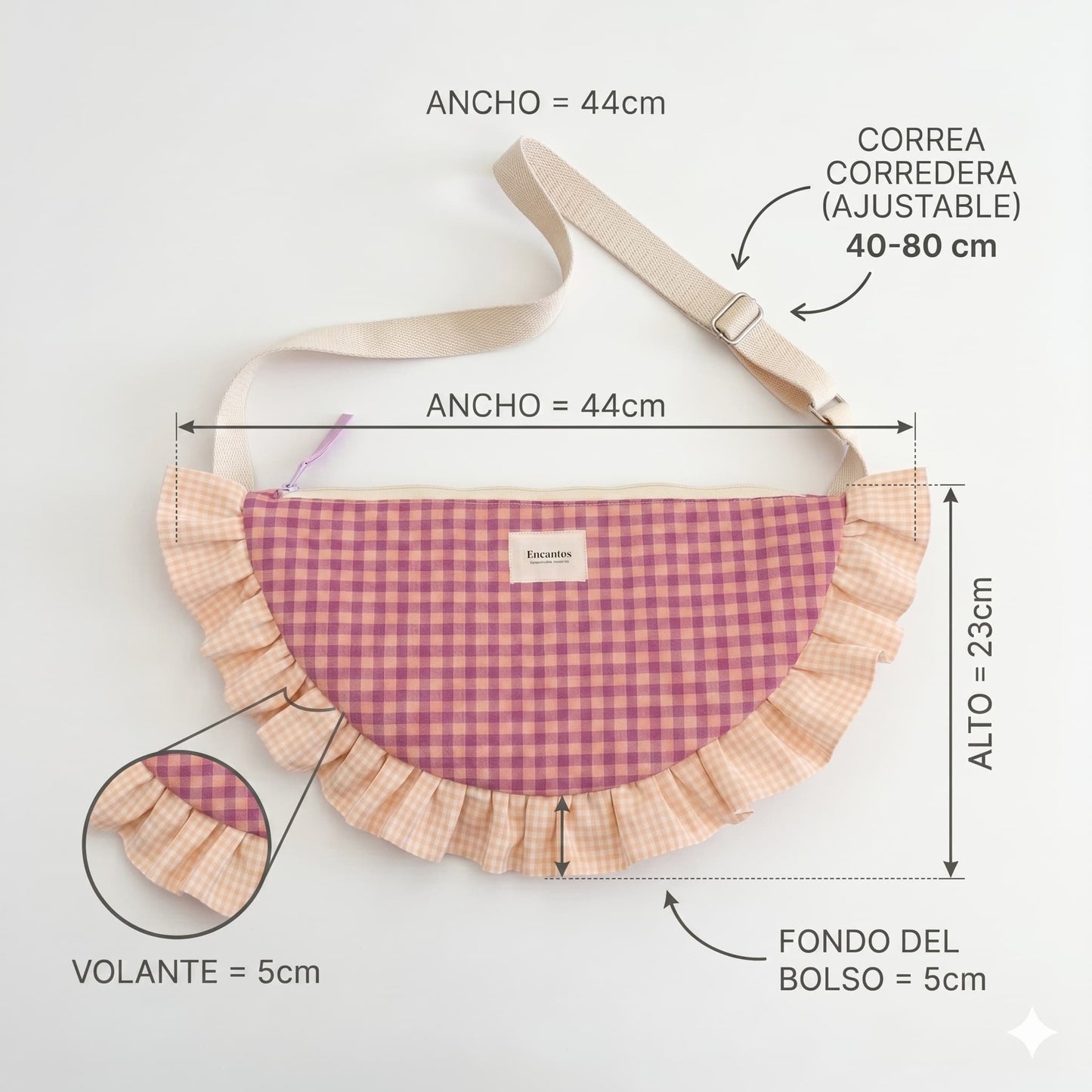Bolso Media Luna Vichy Rosa Malva y Crema - medidas