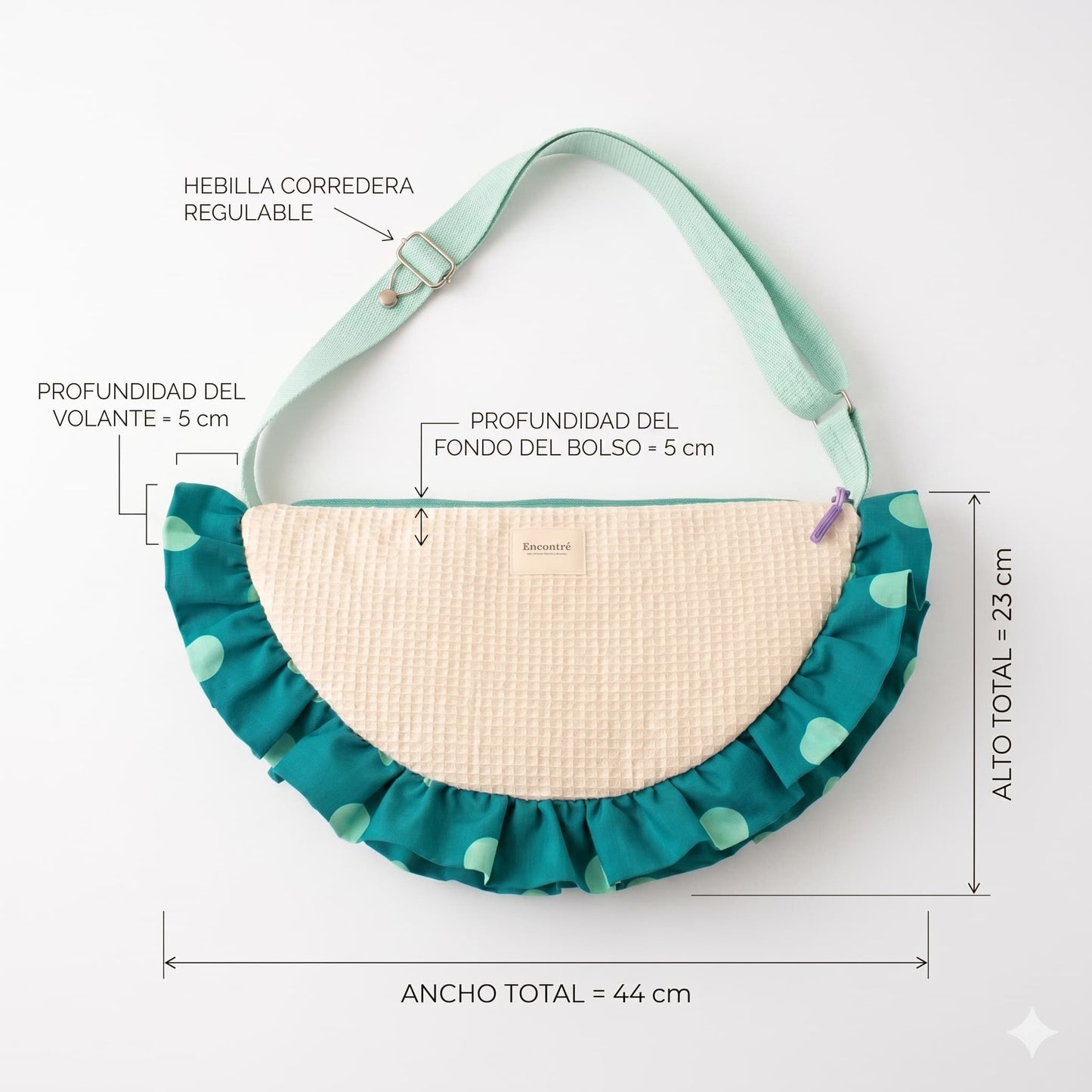 Bolso Media Luna Muselina Crema con Volante Lunares Teal - medidas