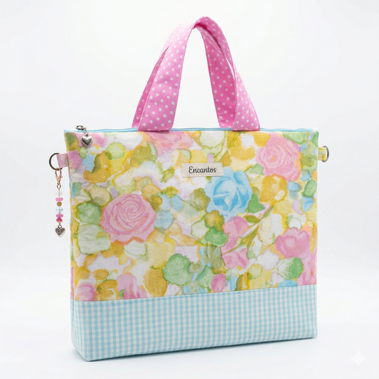 Bolso Tote Rosas Acuarela con diseño floral en tonos pastel, asas rosas con puntos blancos y base celeste a cuadros, ideal para un estilo delicado y fresco.