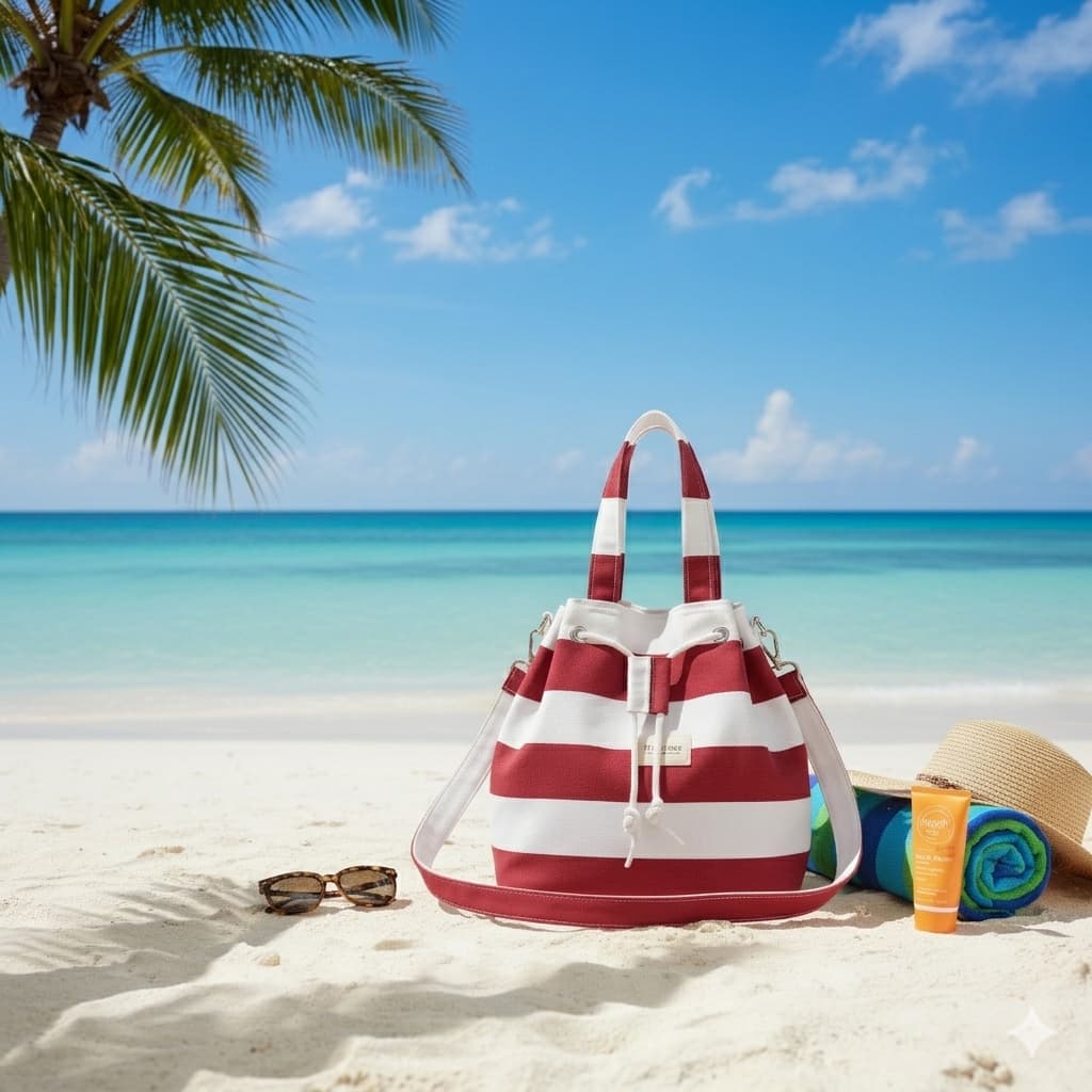 Bolso saco de rayas granate y blanco Encantos en la playa, con sombrero de paja, gafas de sol y toalla, fondo de mar turquesa