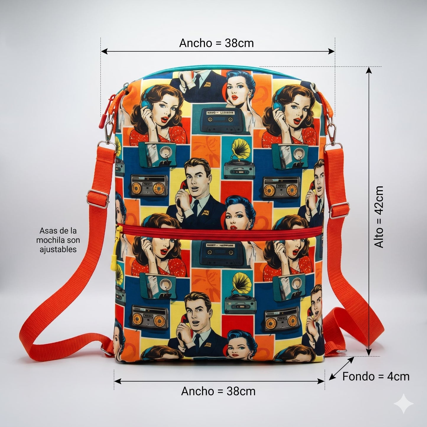 Mochila pop art retro estilo años 60 — perfecta para universidad y uso diario, con bandolera desmontable