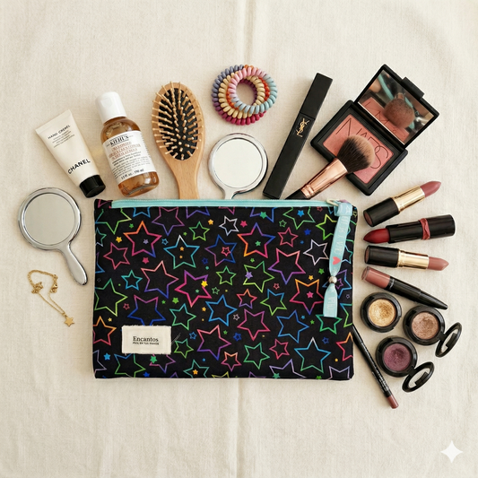 Neceser Estrellas Neon Negro | Encantos con diseño de estrellas de colores neón sobre fondo negro junto a productos y accesorios de belleza.
