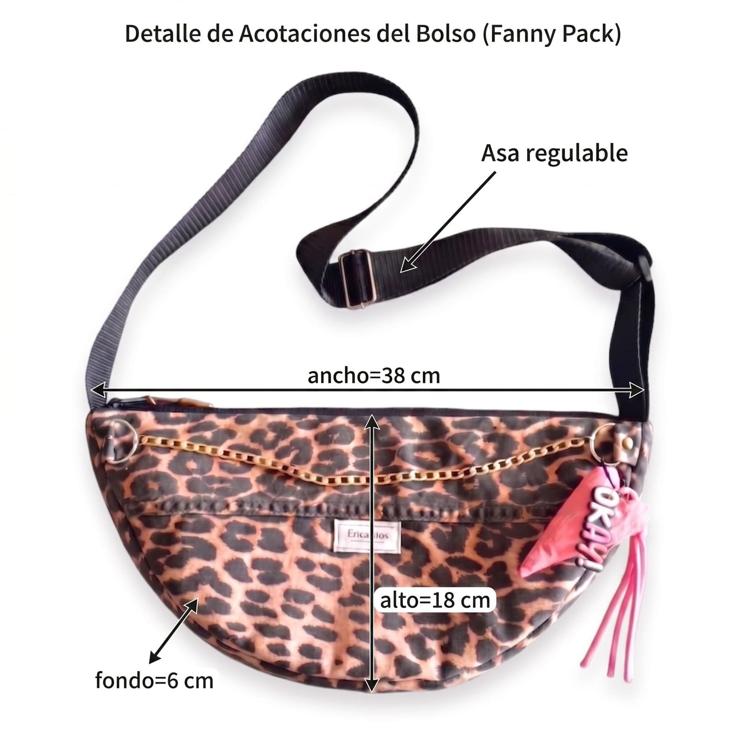 Detalle de medidas del Bolso Animal Print: ancho 38cm, alto 18cm, fondo 6cm