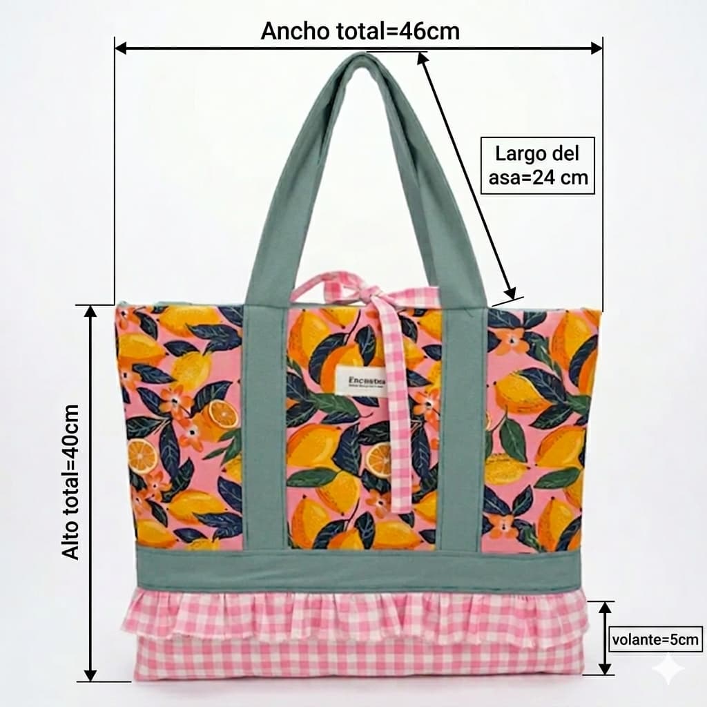 Bolso tote artesanal de tela vichy con estampado de limones, estilo verano, hecho a mano, Encantos