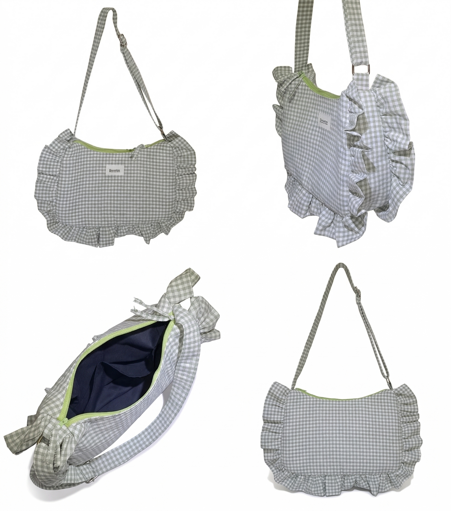 Bolso Hobo Gingham con Volantes en patrón vichy gris y blanco, con volantes en los bordes y correa ajustable, detalle interno en color oscuro.