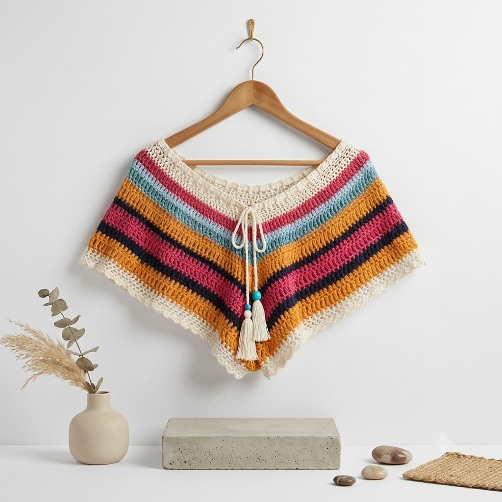 Short crochet multicolor rayas boho con cordón blanco y cuentas en percha, fondo blanco