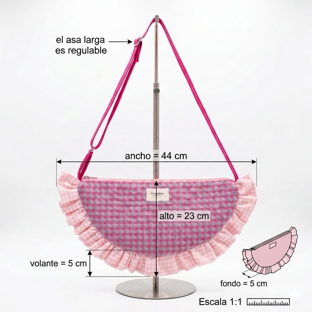 Bolso Media Luna Vichy Rosa y Morado - medidas: 44x23 cm, volante 5 cm