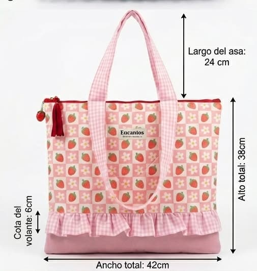 Bolso Tote Fresas y Margaritas con Volantes artesanal con estampado de fresas y margaritas hecho a mano