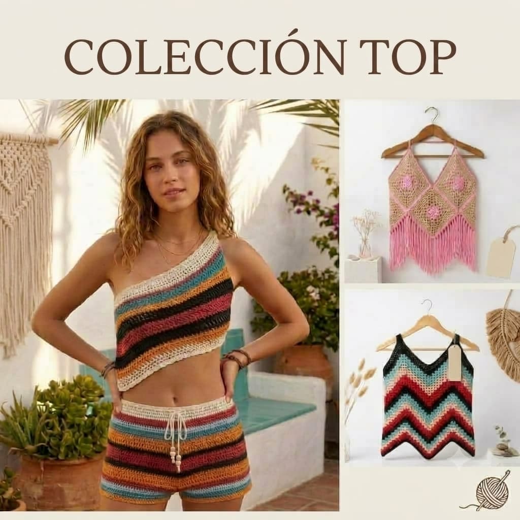 Tops artesanales de crochet hechos a mano con mimo. Cada pieza es única e irrepetible — tejida con hilo seleccionado y acabados cuidados al detalle.