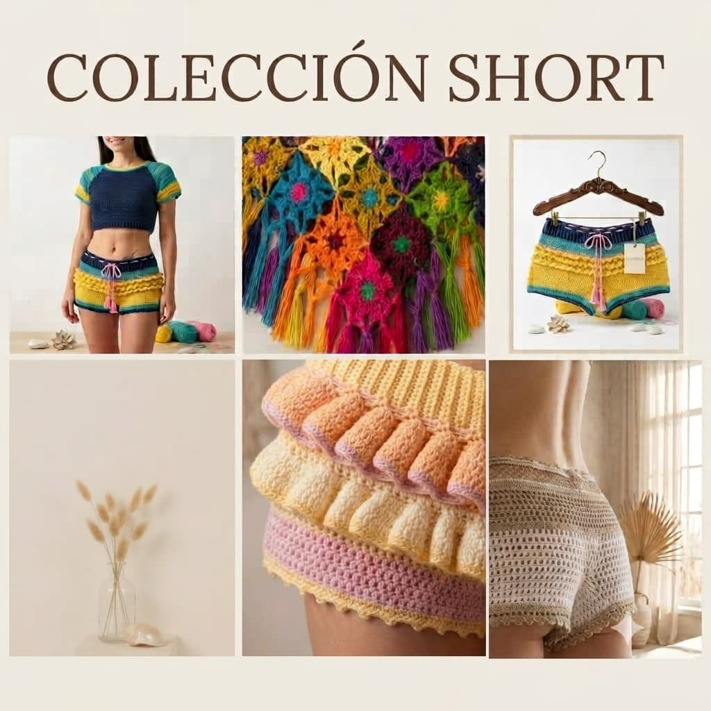 Shorts artesanales de crochet hechos a mano con mimo. Cada pieza es única e irrepetible — tejida con hilo seleccionado y acabados cuidados al detalle.