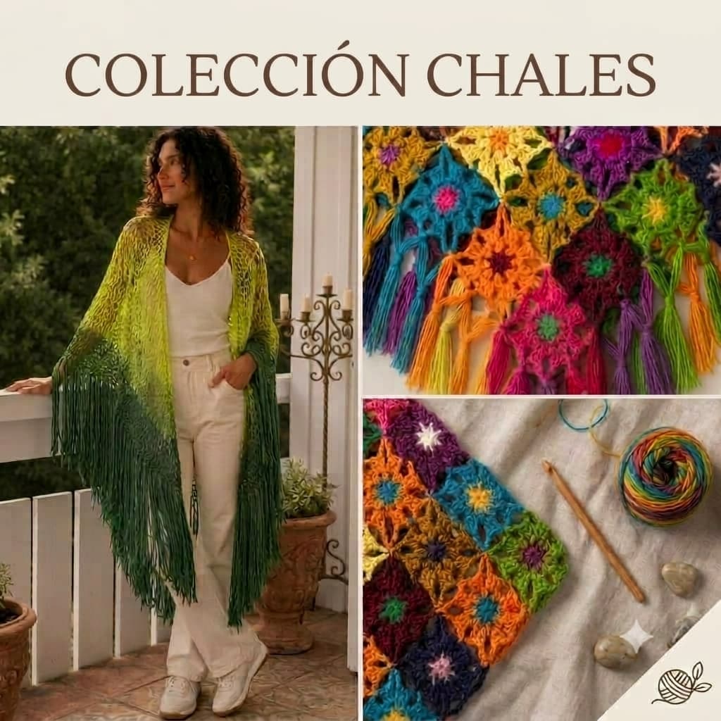 Chales artesanales de crochet hechos a mano con mimo. Cada pieza es única e irrepetible — tejida con hilo seleccionado y acabados cuidados al detalle.