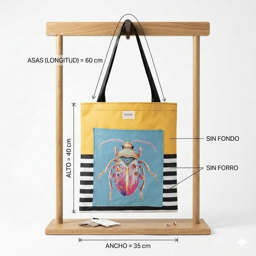 Tote bag escarabajo joya artesanal en uso, bolso de tela hecho a mano Encantos. Medidas