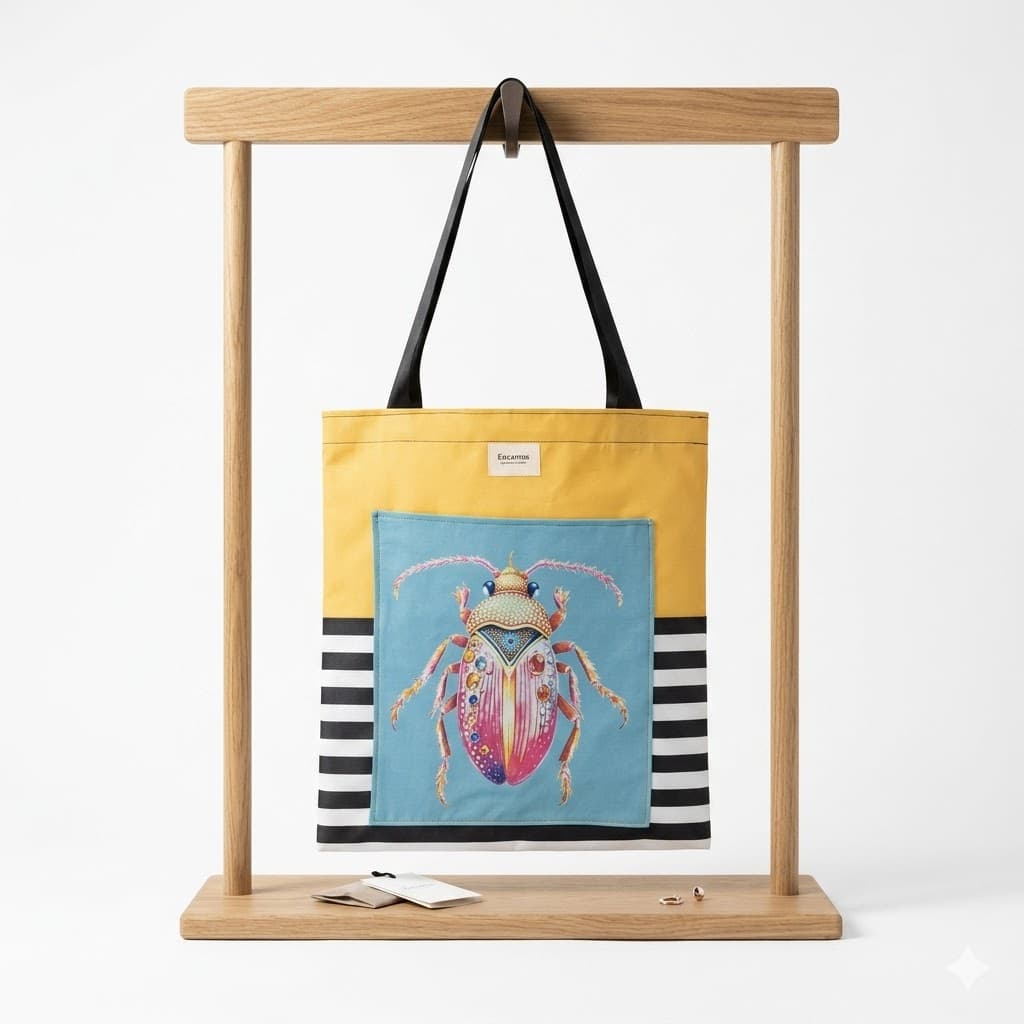 Tote bag artesanal con estampado de escarabajo joya sobre rayas mostaza, vista frontal
