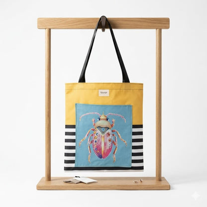 Tote bag artesanal con estampado de escarabajo joya sobre rayas mostaza, vista frontal
