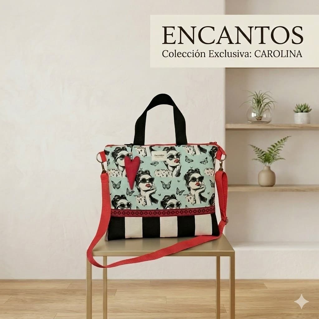 Bolso Colección Carolina mujeres con mariposas – vista lifestyle sobre mesa con fondo neutro