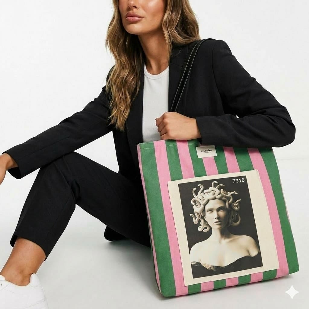 Tote bag artesanal medusa rayas verde rosa Encantos. Modelo 1