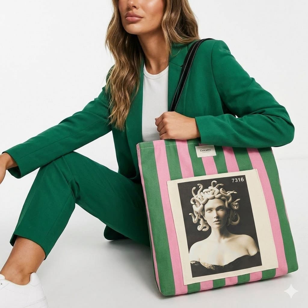 Tote bag artesanal medusa rayas verde rosa Encantos. Modelo 2