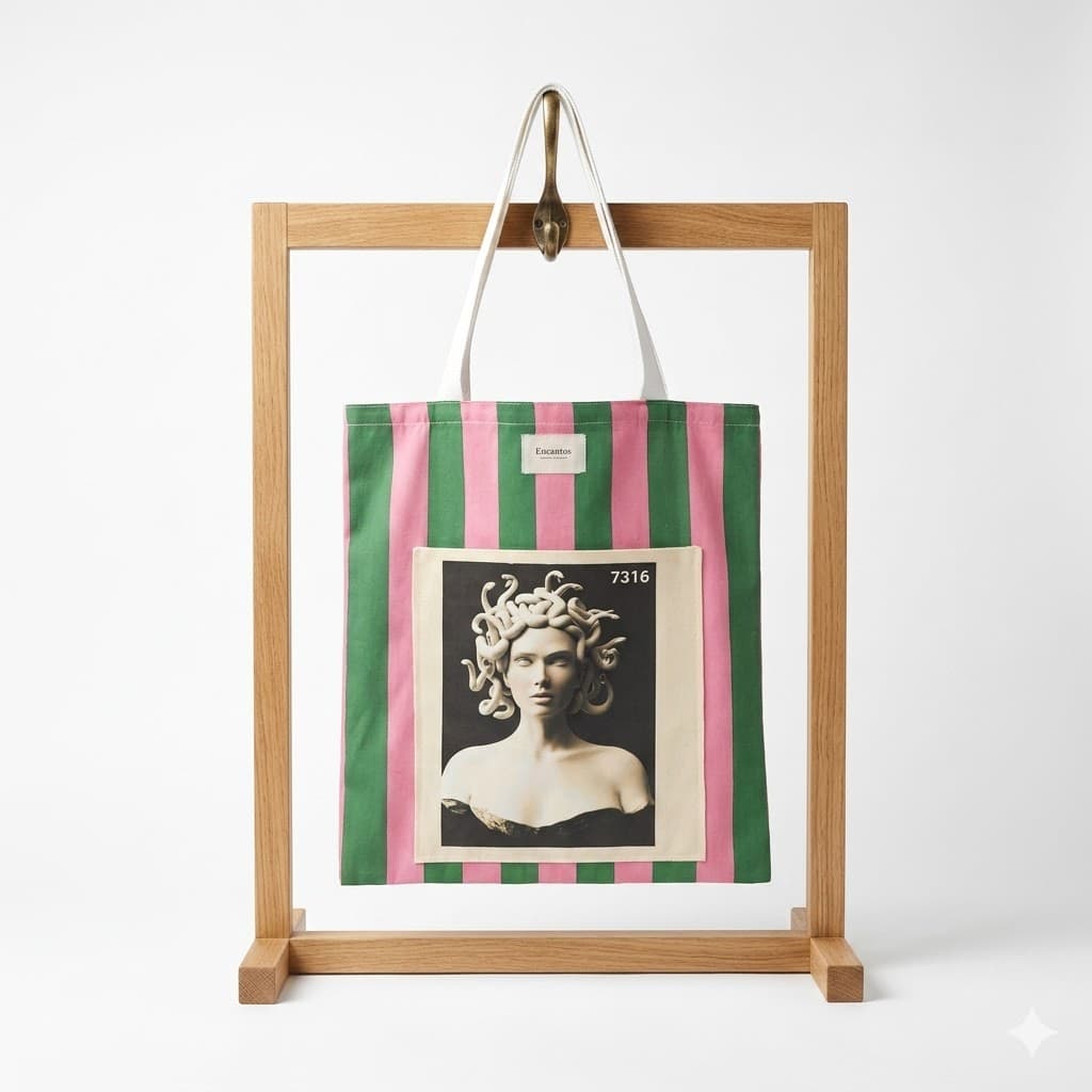 Tote bag artesanal medusa rayas verde rosa Encantos. Frontal