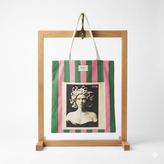 Tote bag artesanal medusa rayas verde rosa Encantos. Frontal