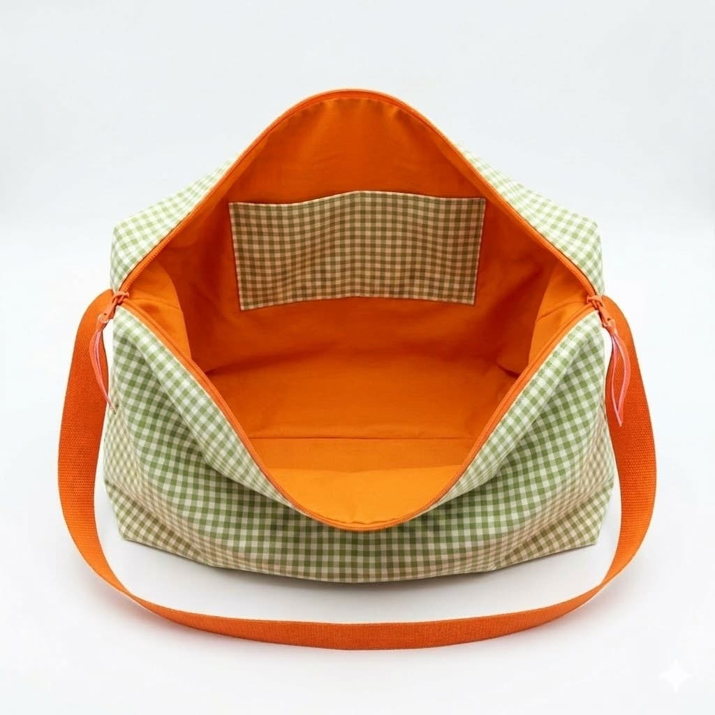 Interior naranja del Bolso Saco Vichy Verde Menta Artesanal | Encantos