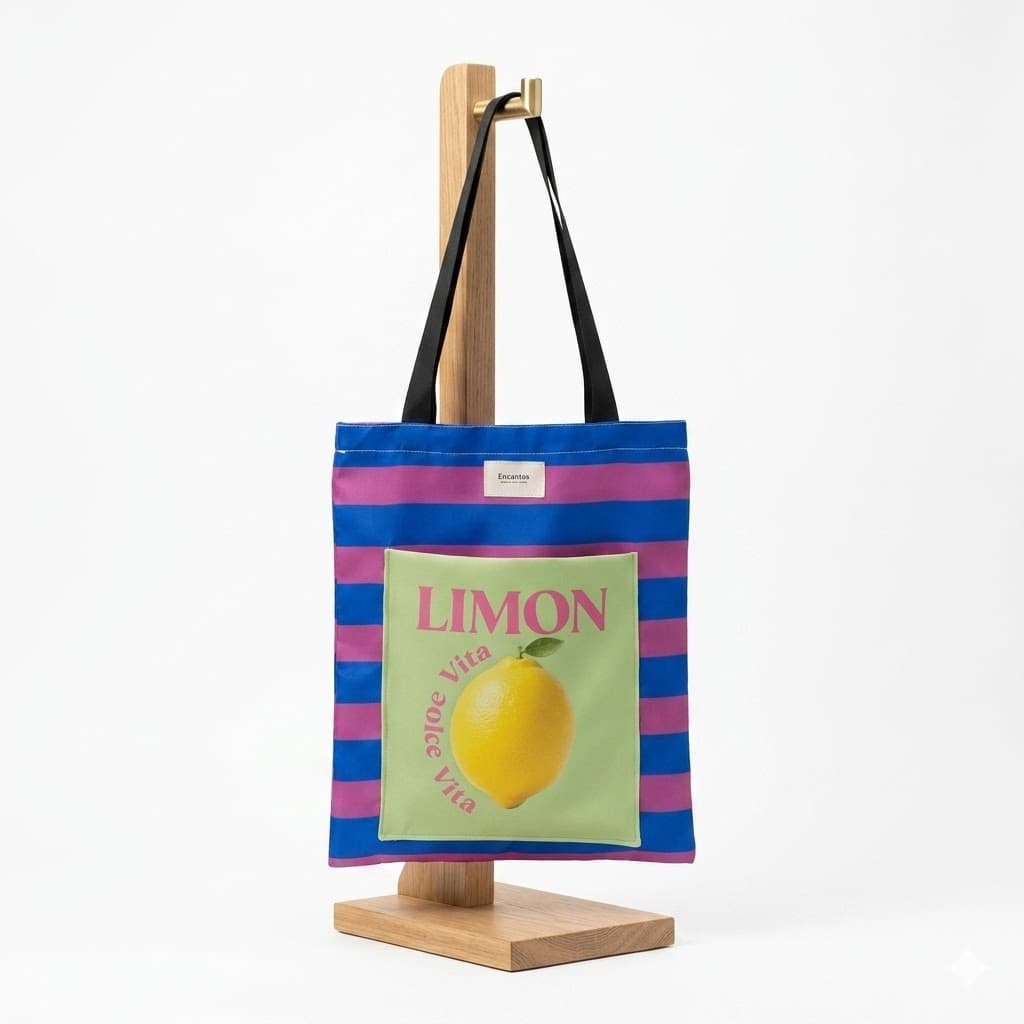  bag artesanal limón Dolce Vita rayas azul rosa Encantos. frontal