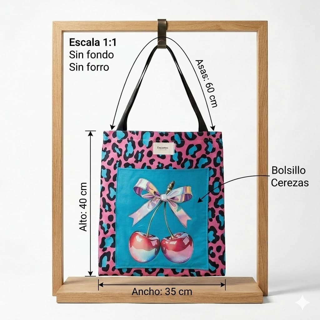 Tote bag artesanal leopardo cerezas lazo Encantos. Medidas