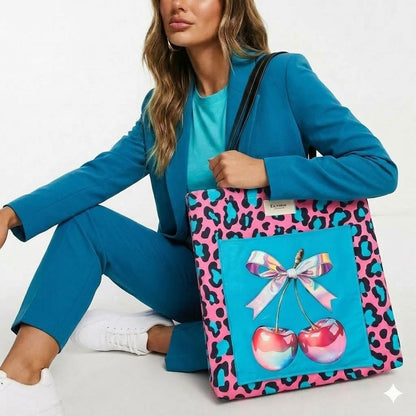 Tote bag artesanal leopardo cerezas lazo Encantos. Modelo 1