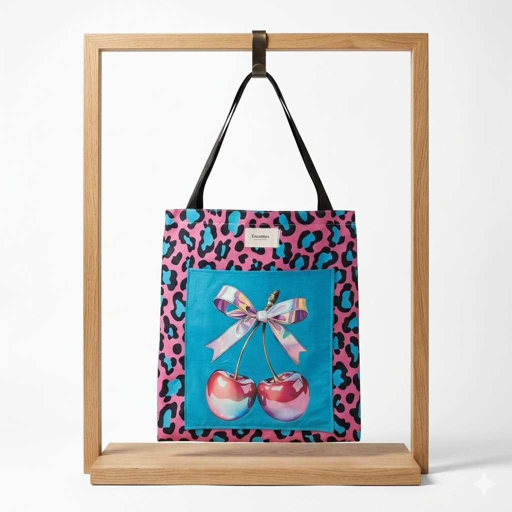 Tote bag artesanal leopardo cerezas lazo Encantos. Vista frontal