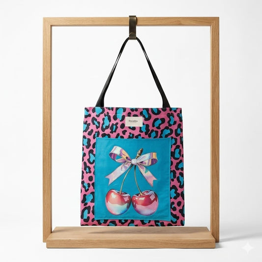 Tote bag artesanal leopardo cerezas lazo Encantos. Vista frontal