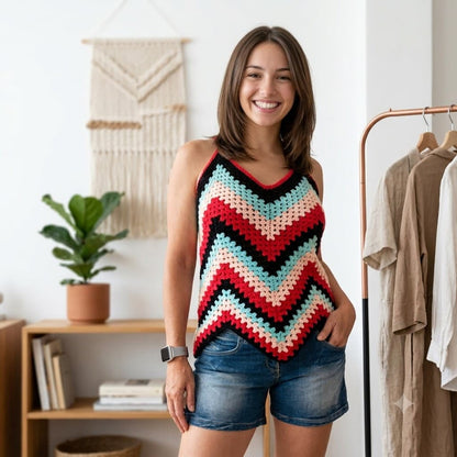 Modelo con top crochet multicolor chevron negro turquesa y rojo, vista frontal, ambiente boho