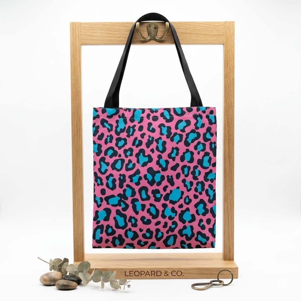 Tote bag artesanal leopardo cerezas lazo Encantos. Vista trasera
