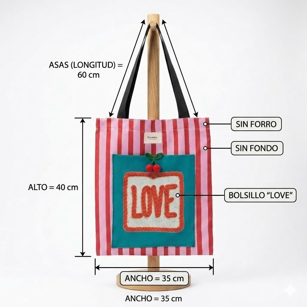 Tote bag artesanal Love rayas rojo rosa Encantos. medidas
