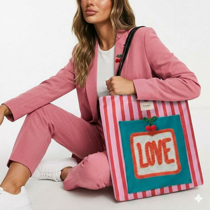 Tote bag artesanal Love rayas rojo rosa Encantos. modelo