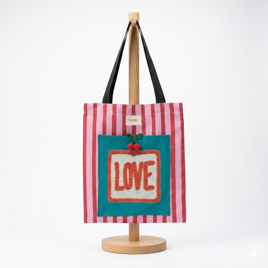 Tote bag artesanal Love rayas rojo rosa Encantos. frontal