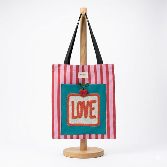 Tote bag artesanal Love rayas rojo rosa Encantos. frontal
