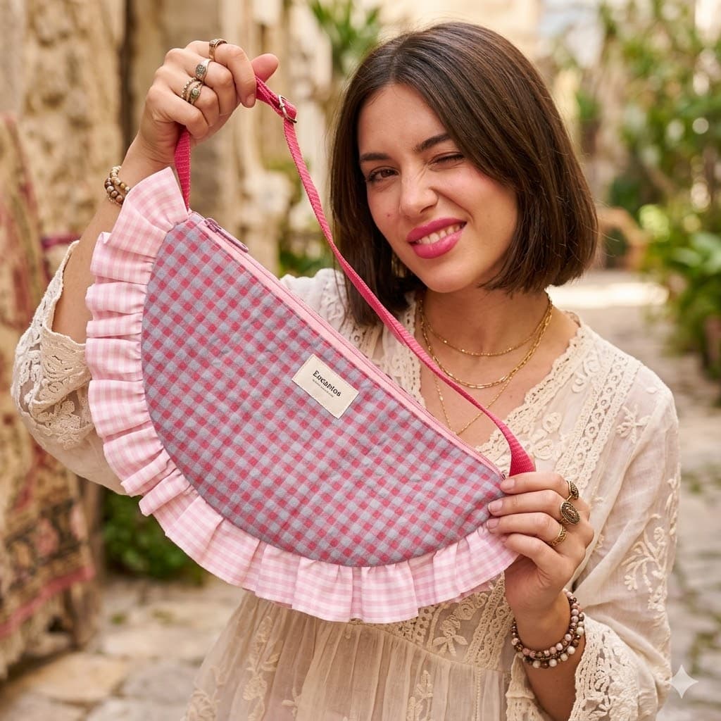 Bolso Media Luna Vichy Rosa - modelo sujetándolo en calle