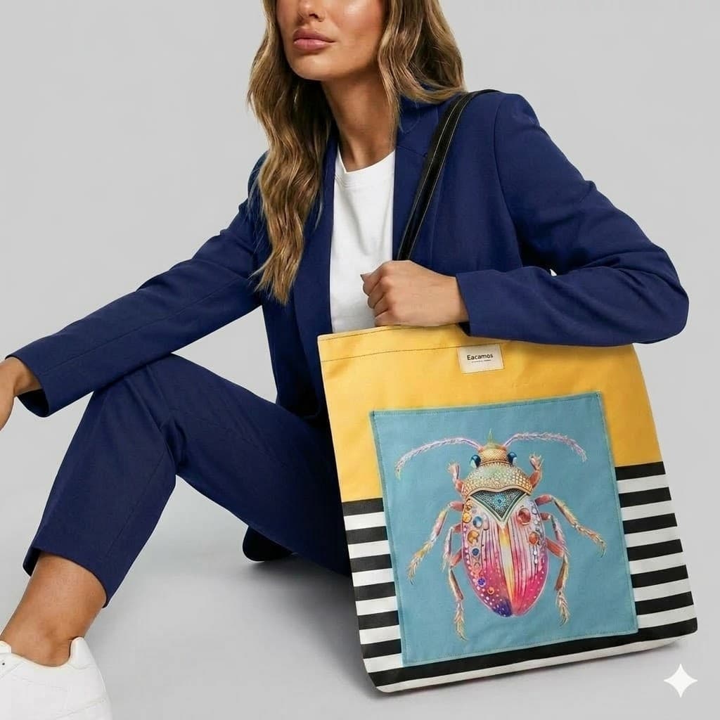 Tote bag escarabajo joya artesanal en uso, bolso de tela hecho a mano Encantos. modelo