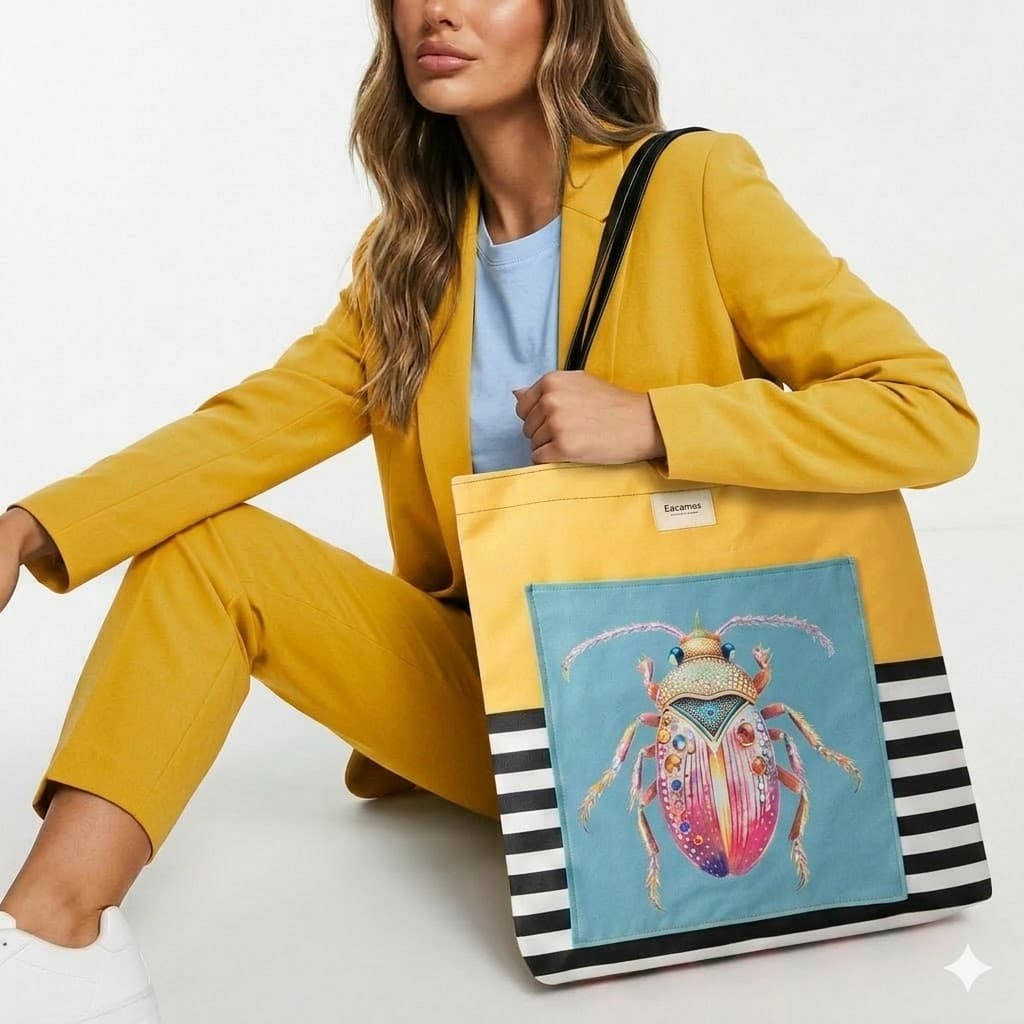Tote bag escarabajo joya artesanal en uso, bolso de tela hecho a mano Encantos. modelo