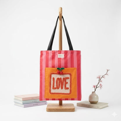 Tote bag artesanal Love bolsillo bordado rayas rosa rojo Encantos. Frontal