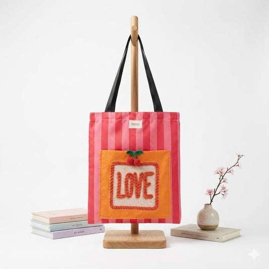 Tote bag artesanal Love bolsillo bordado rayas rosa rojo Encantos. Frontal