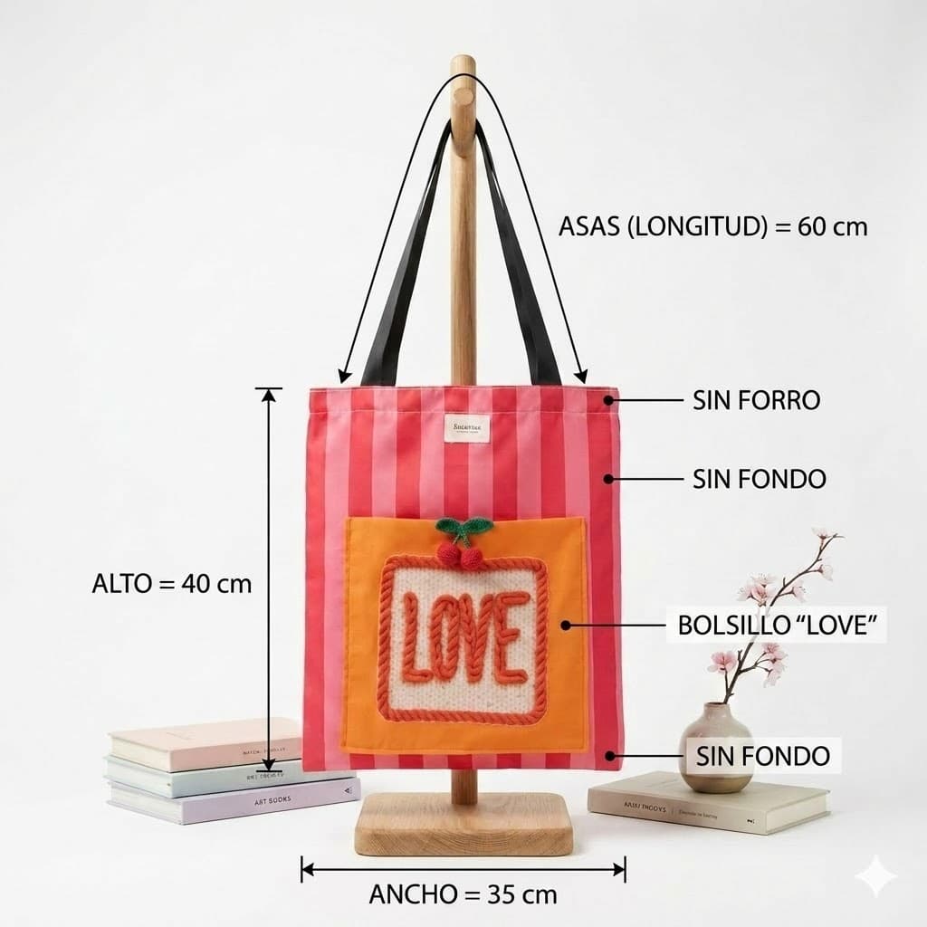 Tote bag artesanal Love bolsillo bordado rayas rosa rojo Encantos. medidas