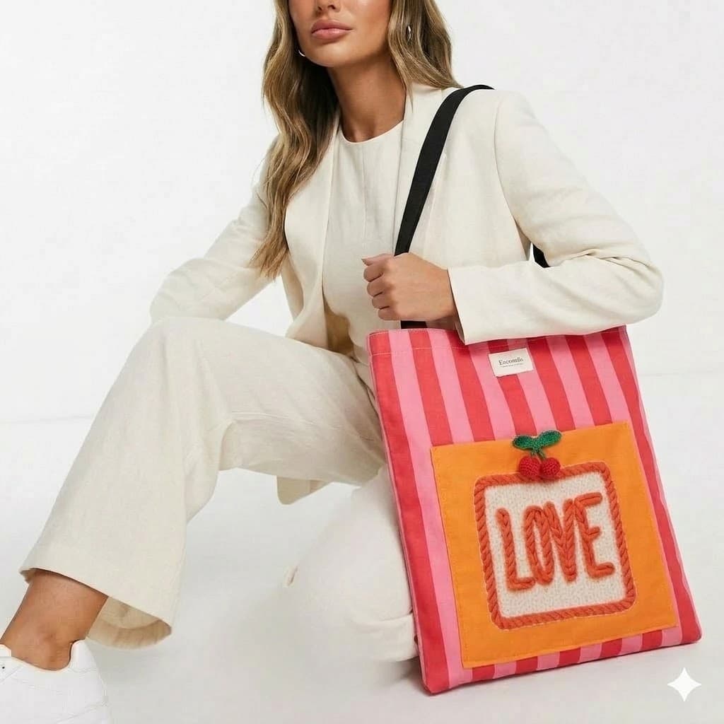 Tote bag artesanal Love bolsillo bordado rayas rosa rojo Encantos. Modelo 1